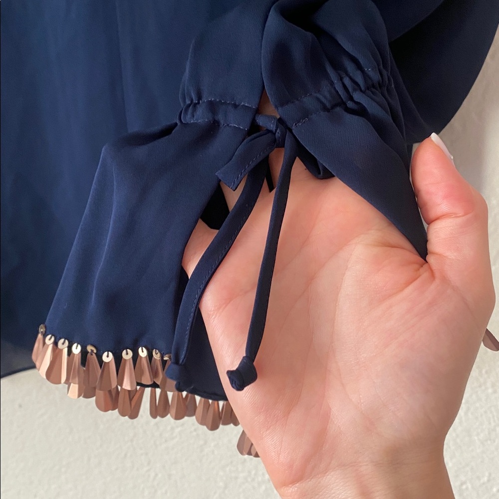 Kobi Halperin 100% Silk Juliette Embellished Georgette Blouse Size M Navy Gold - Picture 3 of 8
